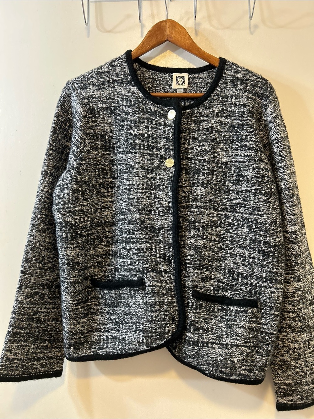 Anne Klein Black and White Tweed Collarless Cardigan